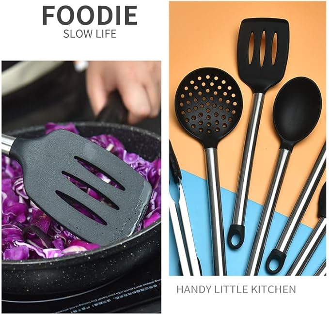 KSENDALO 9-Piece Silicone Cooking Utensils Set with Holder, Heat Resistant Kitchen Utensils Set of Slotted Spatula, Spoons, Whisk, Tong, Non Toxic Black Kitchen Tool Set for Nonstick Cookware, Black