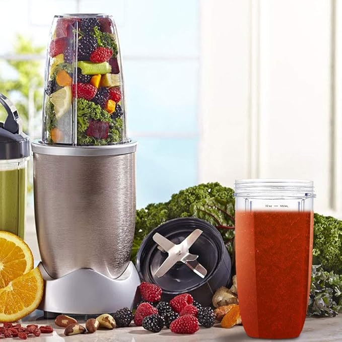 Upgrade Blender Cup and Blade Fit for Nutribullet 600w/900w, Replacement Parts Extractor Blade and 32oz Cup with 1 Flip-Top To-Go Lid & 1 Lip Ring, Blender Accessories (5 Pcs)