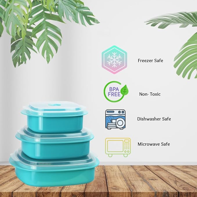Reston Lloyd Nesting Microwave Containers, Set of 3, Adjustable Steam Vents, Airtight, Meal Prep, Durable BPA-Free Plastic- Freezer & Dishwasher Safe, Cookware & Food Storage, Anyday Cookware, Purple