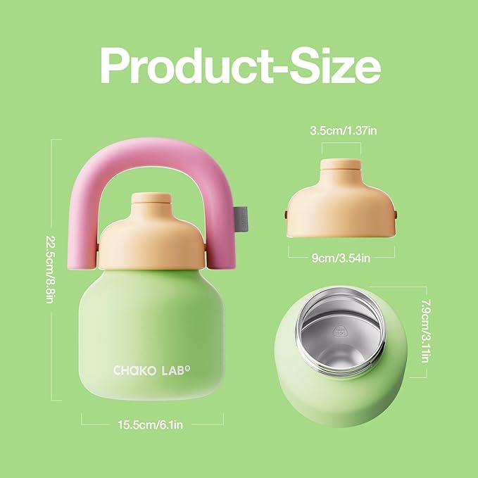 CHAKO LAB Water Bottle with Straw and Carry Handle | Wide Mouth vacuum insulated stainless steel Bottles | Reusable, leak-proof and BPA-free | 33oz(Green&Orange)