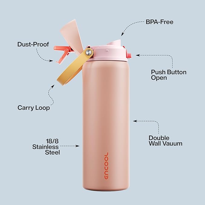 Insulated Water Bottle with Straw - Encool Stainless Steel Water Bottle with Push Button Lid, Leak-Proof & BPA-Free, Keeps Cold for 24 Hours for Sports, Travel, Gym (32 oz, Pink Daisy-Red)