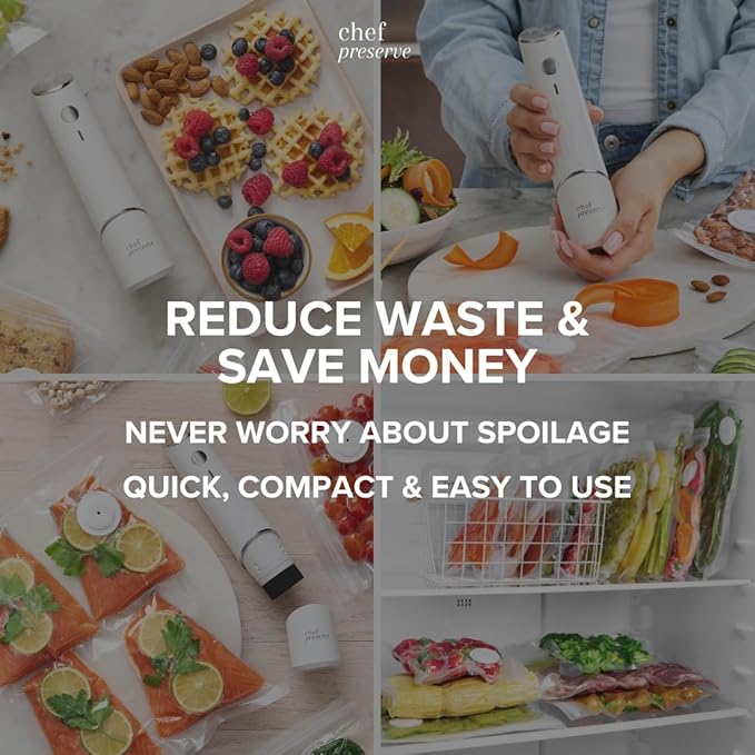 Chef Preserve Compact Vacuum Sealer for Food (Vacuum Sealer Machine + 20 Reusable Vacuum Bags) Powerful Handheld Vacuum Sealer Machine, Seal Meal Saver, Portable Food Sealer