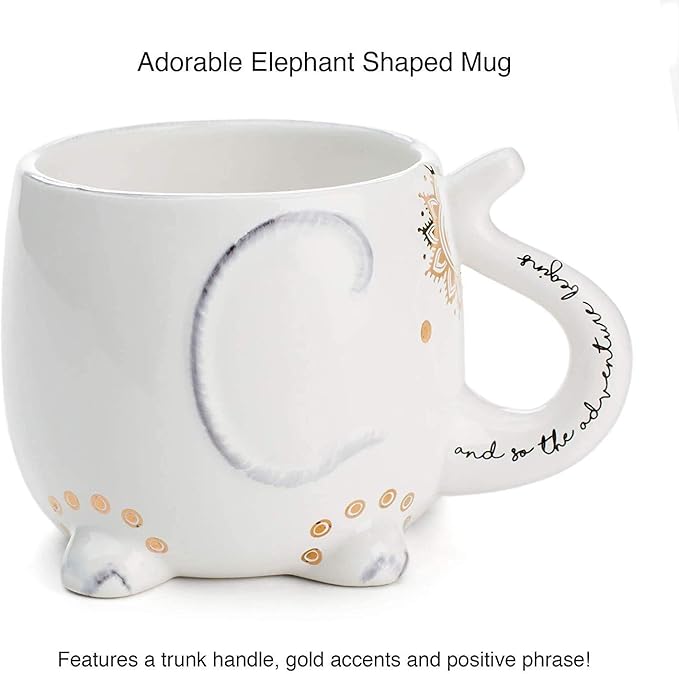 VOTUM Elephant Ceramic Coffee or Tea Mug - Animal Shaped Cup with Hand Printed Designs Saying “And So the Adventure Begins” - Cute Handmade Gift for Men or Women Elephant Lovers – 18.6 Fluid Ounce