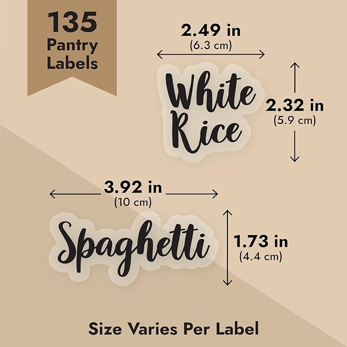 Talented Kitchen Labels for Food Containers - 135 Count, Preprinted Black Cursive on Clear Backing, Water-Resistant - Pantry & Kitchen Storage Labels for Jars & Bins - Easy Peel & Stick