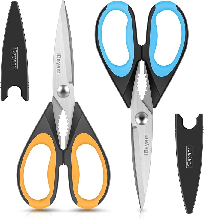Kitchen Scissors, iBayam 2-Pack Multipurpose Kitchen Shears, 8.5 Inch Heavy Duty Dishwasher Safe Food Cutting, Stainless Steel Sharp Cooking Scissors for Kitchen, Chicken, Poultry, Fish, Meat, Herbs