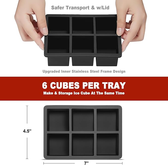 Nax Caki Large Ice Cube Tray with Lid 4 Pack, Large Size Silicone Ice Cube Molds(Black) Stackable 2 Inch Big Silicone Square Ice Cube Mold for Whiskey Cocktails Bourbon