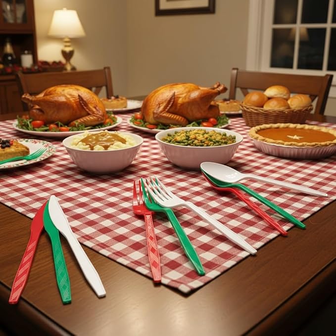 360-Piece Christmas Plastic Tableware Set, Disposable Heavy Tableware Set, Including 120 Red, Green and White Knives and Spoons, Christmas Party Supplies
