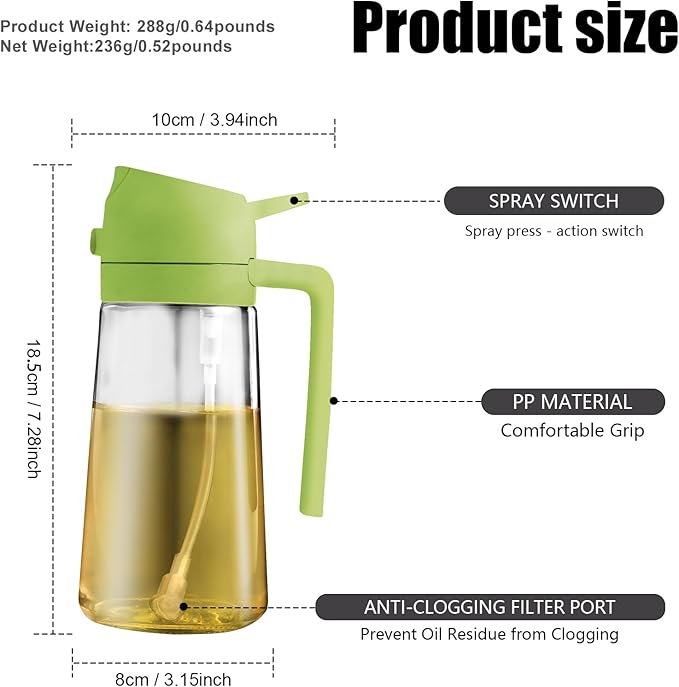 2 in 1 Glass Oil Sprayer & Dispenser,16oz/470ml Olive Cooking, Air Fryer, and Salad, for Kitchen Gadgets and Air Fryer Accessories, w/Stickers (Green)