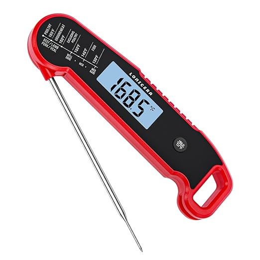 Lonicera Digital Meat Thermometer for Food Cooking. Instant Read Within 1 Sec and ±0.9℉Accuracy with Thermocouple Sensor. IP67 Waterproof, Auto-Rotating Display, Auto Wake up (Red)