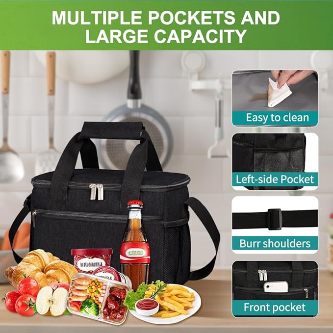 iknoe Insulated Lunch Bag, Foldable 8.5L Cooler Bag for Men & Women, Leakproof Thermal Design, Great for Office, Picnic, Travel, Lunch Box, Black without logo