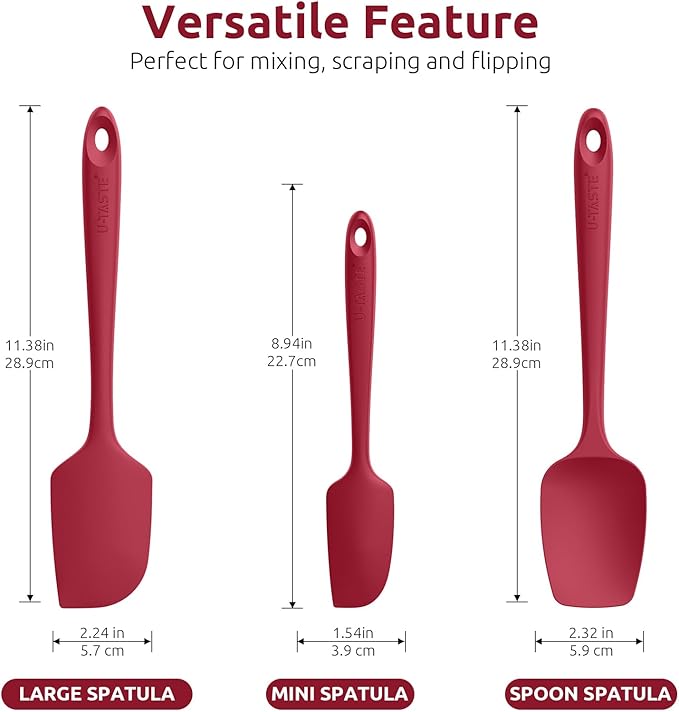 U-Taste Silicone Baking Spatula Set: 480ºF High Heat Resistant, Food Grade Flexible Rubber Kitchen Cooking Mixing Scraper, Food Grade Seamless Utensil for Nonstick Cookware Set of 3 (Red)