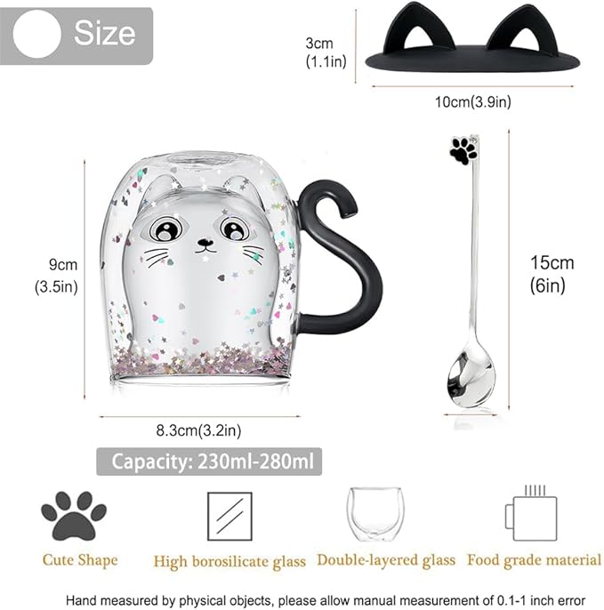 Gifts for Women Cat Gifts Double Walled Glass Coffee Latte Cup Cute Stuff Black Cat Mug Gifts for Her Christmas Stocking Fillers,Birthday,Valentines,Halloween Presents for Women,Men,Kid,Mum,Teacher