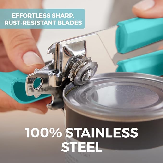 Kitchen Genie Heavy Duty Stainless Steel Manual Can Opener, Strong Blade for Smooth Edge Cuts, Open Cans Easily, Slip-Resistant Ergonomic Handle, Easy Turn Knob, Bottle Openers Included, Teal