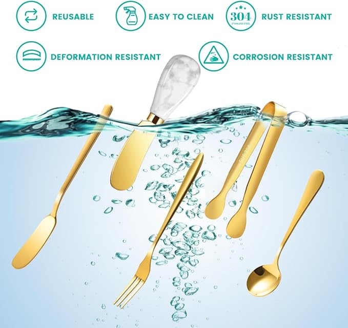 Charcuterie Board Accessories With 3 Oz Ceramic Dip Bowls, Ceramics Handle Gold Cheese Spreader Butter Knive Set Kit, Mini Tongs, Spoons, Forks,Honey Dipper, Cocktail Picks