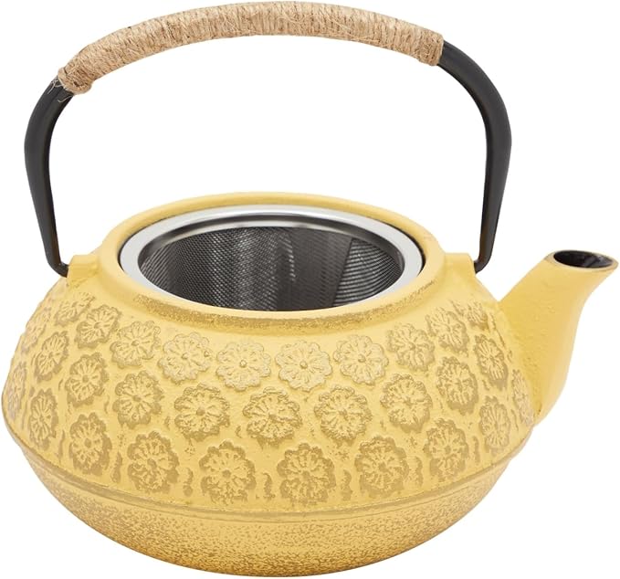 Juvale Japanese Cast Iron Teapot - Stainless-Steel Infuser & Loose Leaf Tea Pot - Superior Heat Retention Cast Iron Kettle - Elegant Floral Trivet For Home Tea Set - 800 ml, Yellow