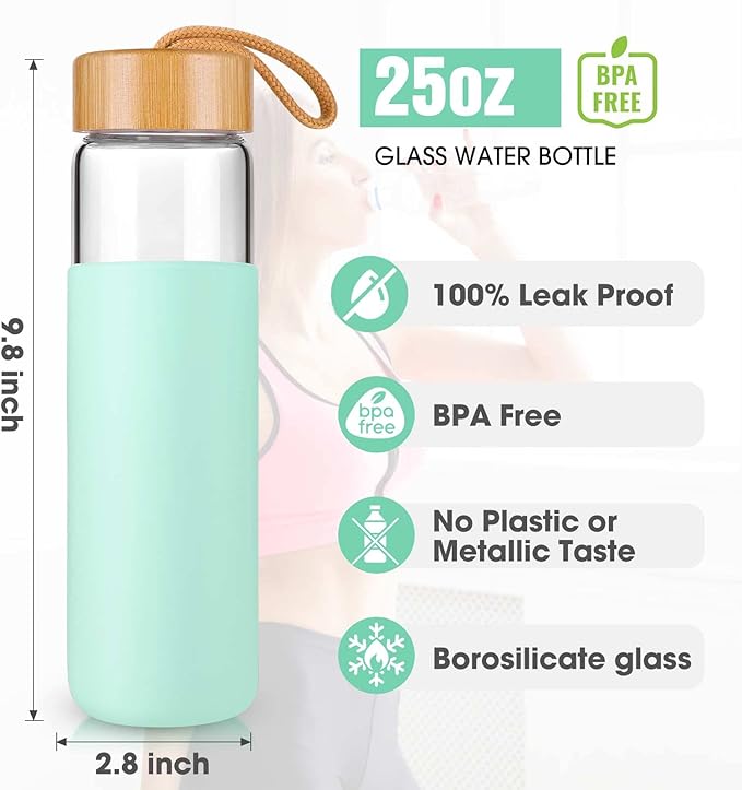 25 Oz Borosilicate Glass Water Bottles with Silicone Sleeve BPA Free, Dishwasher Safe - Reusable Clear Glass Drinking with Leak Proof Bamboo Lid | Perfect Gym Water Bottles for Men & Women