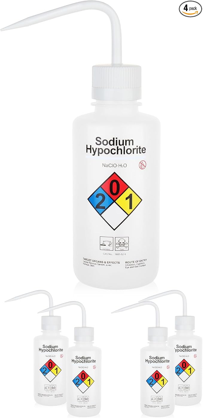 4pcs of Sodium Hypochloride Wash Bottles, Vol.500ml (17oz), Narrow Mouth, Self-Venting Safety Wash Bottles, LDPE Material, IN-WBS500