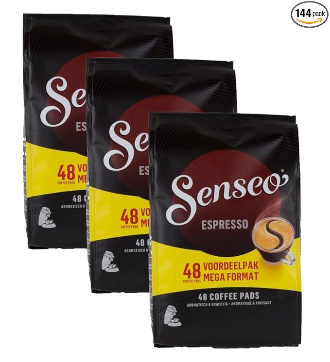 Senseo Espresso Dark Roast Coffee Pods – 144 Count (3 Packs) – Strong & Concentrated Flavor with Rich Crema – Single-Serve Coffee Pads Compatible with Senseo & PeleCom Machines – Imported from the Netherlands