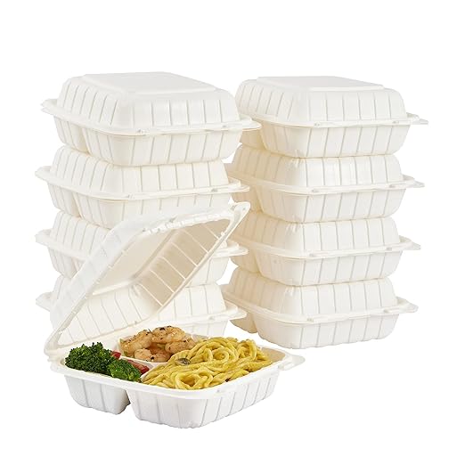 8X8" 3Compartment 50-Pack Plastic Clamshell Take Out Food Containers, Heavy Duty To-go Disposable Lunch Box For Cake, Sandwich, Salad, Dessert, Restaurant Meal Prep Packaging Catering Hinged Container