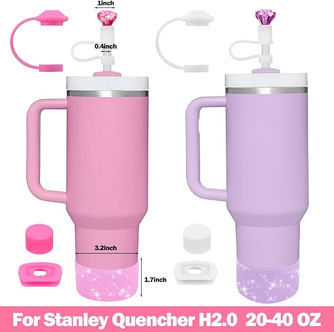 Mity rain Set for Stanley Cup Accessories, Including 2Pcs Diamond Straw Topper, 4 Pcs Silicone Spill Proof Stopper, 2Pcs Protective Glitter Silicone Boot,Set for Stanley Cup 40/30 OZ(Pink+purple)