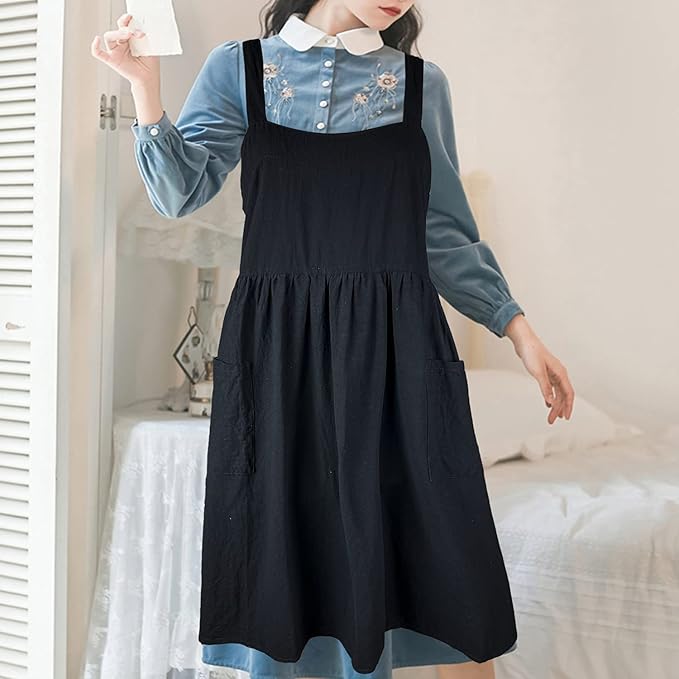 Uaussi Cotton Linen Apron Cross Back Work Apron for Women with Pockets Pinafore Dress X Cross Halter Apron for Chef Gardening