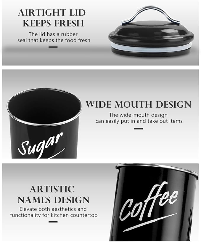 Hillbond Canisters Sets for The Kitchen Countertop with Airtight Lids Tea Coffee Sugar and Flour Containers Farmhouse Black Canisters for Kitchen Counter Set of 4