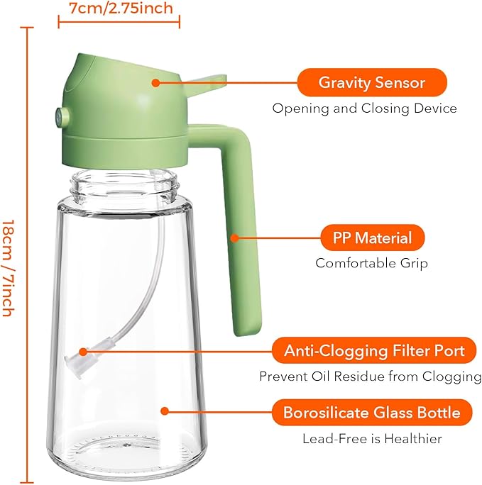 YARRAMATE 16oz/470ml Glass Olive Oil Sprayer for Cooking with Stickers, 2 in 1 Oil Dispenser for Kitchen Gadgets, Food Grade Premium Spray Bottle with Portion Control for Salad, Frying, BBQ (Green)