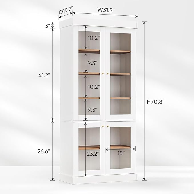 70.8" Bookshelf with Glass Doors, Farmhouse Modular Bookcase with 6-Tier Adjustable Shelves, Large Storage Cabinet for Living Room & Home Office, Set of 3, White