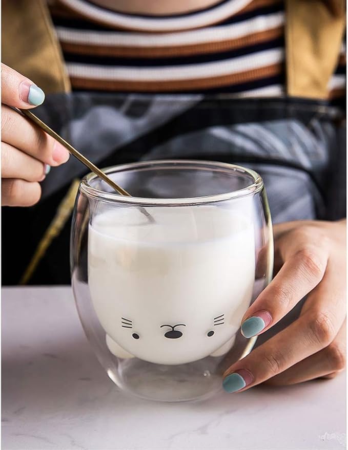 Cat Mug Cute Mugs Glass Double Wall Insulated Glass Espresso Cup, Kawaii Cup, Coffee Cup, Tea Cup, Milk Cup, Best gift for Office and Personal Birthday Christmas (Cat)
