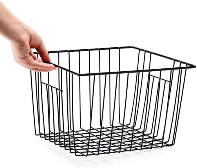 SANNO Black Closet Baskets Freezer Baskets Pantry Storage Wire Basket,Wire Basket Farmhouse Storage Organizer, Metal Household Storage Organizer Bin for Pantry Shelf Kitchen Cabinet Bathroom Black