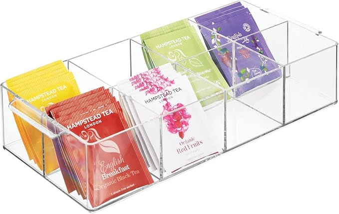 mDesign Plastic Condiment Organizer and Tea Bag Holder - 8-Compartment Kitchen Pantry/Countertop Storage Caddy - Divided Chip, Snack, Oatmeal Packet Holder - Lumiere Collection - Clear