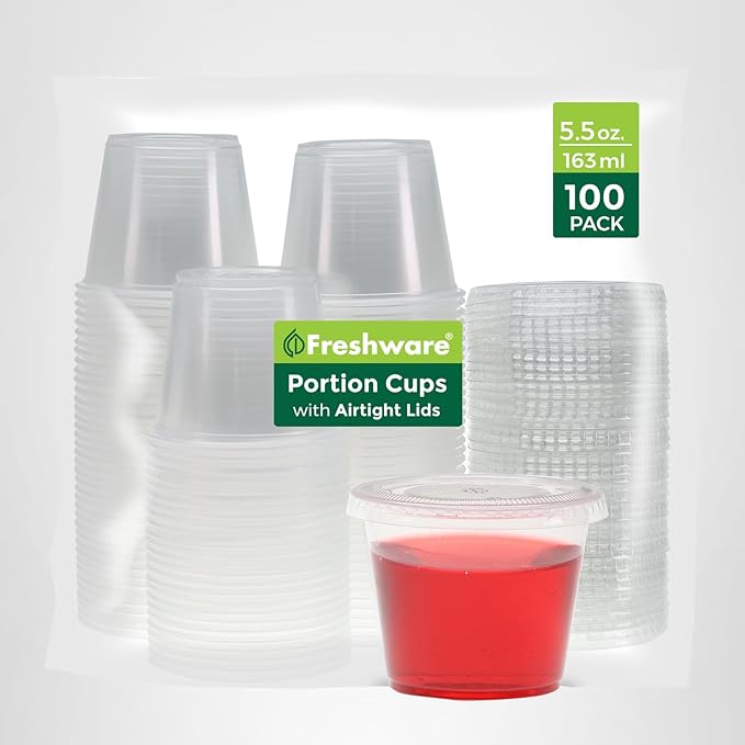 Freshware Plastic Portion Cups with Lids [5.5 Ounce, 100 Sets] Souffle Cups, Jello Shot Cups, Condiment Sauce Containers For Sampling, Sauce, Snack or Dressing