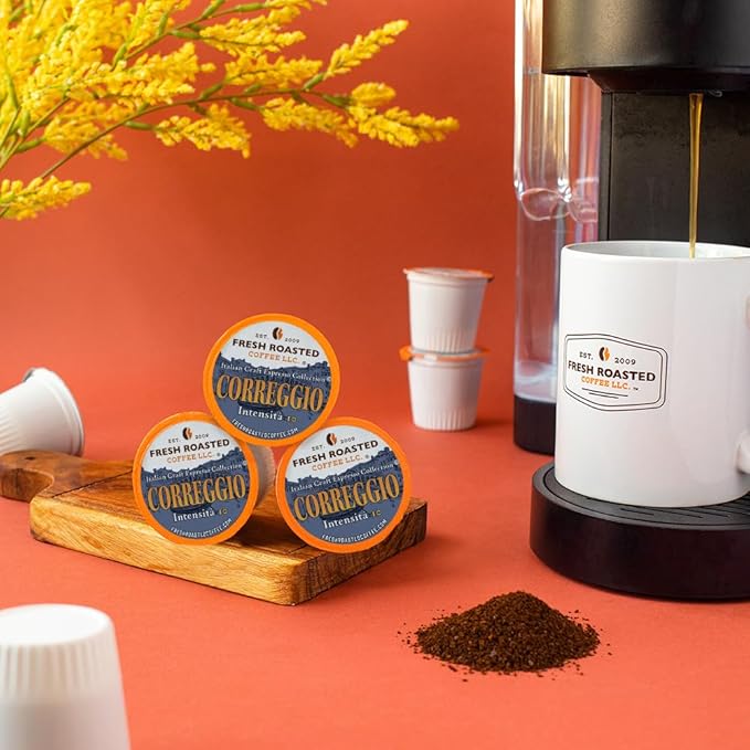 Fresh Roasted Coffee, Correggio Italian Craft Artisan Blend, Dark Roast, Kosher, 24 Pods for K cup Brewers