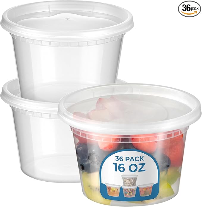 Fit Meal Prep 36 Pack 16 oz Deli Containers with Lids Variety Pack, US Made Leakproof Assorted Plastic Soup Containers, Combo Clear Food Storage Containers with Lids, Microwave Freezer Safe