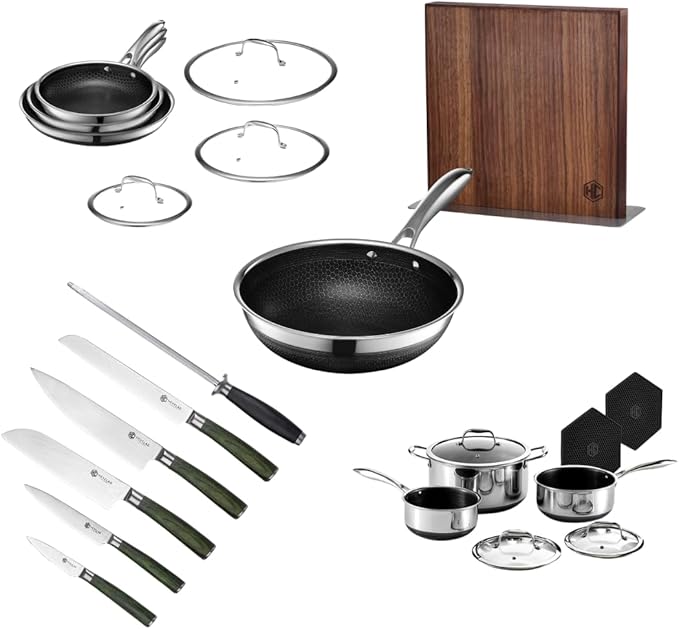 HexClad Hybrid Nonstick 22-Piece Cookware Set, 6Pc Pan Set, 6-Piece Pot Set with 2 Trivets, 10" Wok, 6-Piece Essential Knife Set, and Magnetic Knife Block