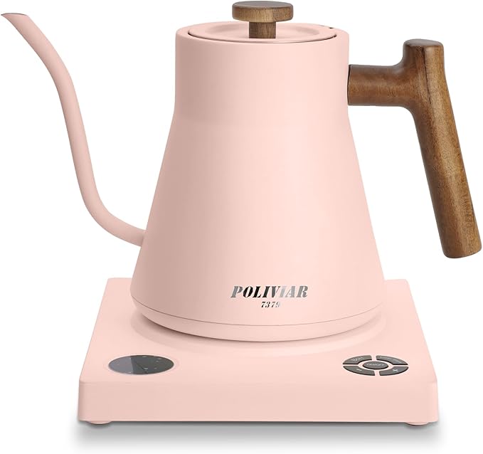 POLIVIAR Electric Gooseneck Kettle, 1200W Electric Tea Kettle Real Wood Handle, 34oz Pour Over Electric Kettle for Coffee & Tea, 18/8 Stainless Steel Inner, Temperature Control & Rapid Heating