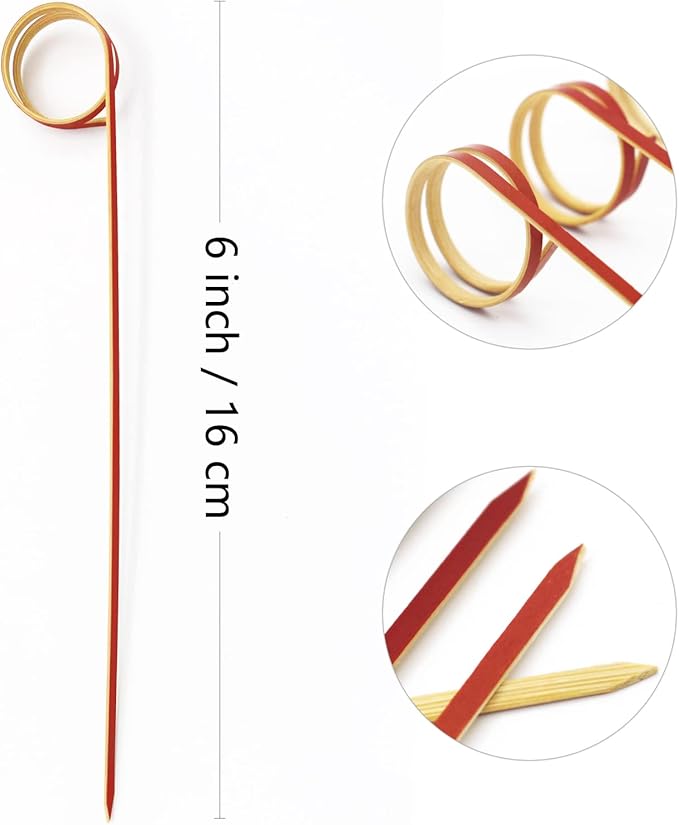 BLUE TOP Bamboo Cocktail Picks 100 PCS Red Bamboo Skewers 6 Inch with Looped Ring,Food Picks,Party Toothpicks for Appetizers,Cocktail Drinks,Barbecue Snacks,Club Sandwiches.