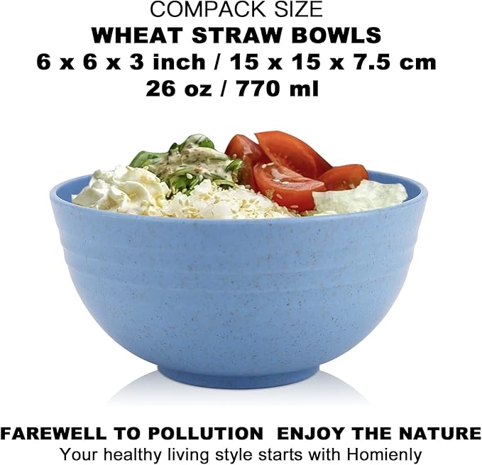 Homienly Wheat Straw Bowls, Unbreakable Cereal Bowls Microwave Safe, 8 PCS Lightweight Stackable Snack & Soup Bowls for Kitchen, Camping, Party, Dishwasher Safe Plastic Bowl Alternative (Light, 26oz)