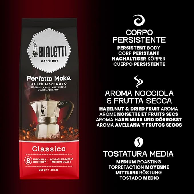 Bialetti Caffe Italian Roasted - 8.8 oz Espresso Ground Coffee - Classico Perfect for Moka - Intensity 7