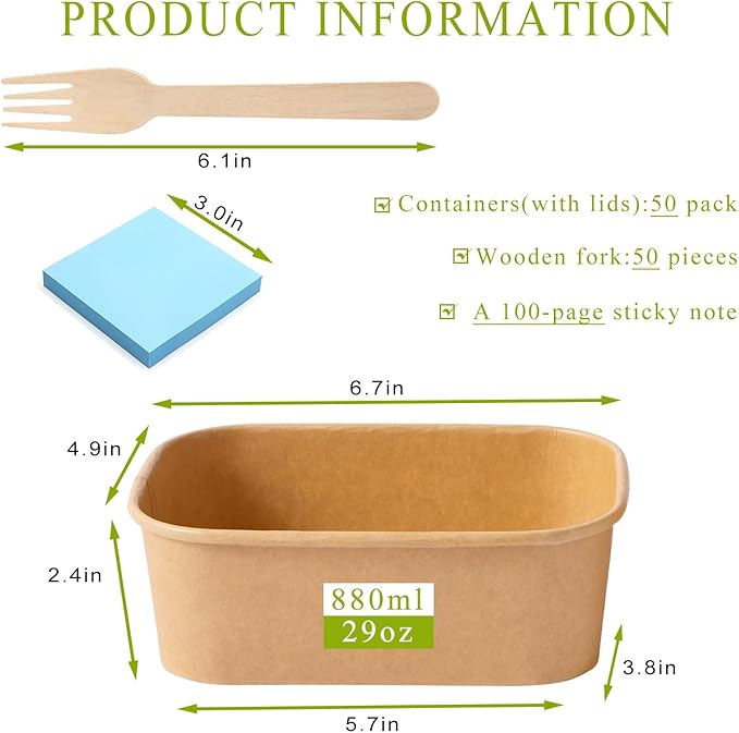 MINCOCO 50 Count Paper Bowls Disposable Meal Prep Containers with Lids【Includes 50 Wooden Forks + 100 Labels】 Salad Food Containers Freezer & Microwave Safe Leakproof Soup Bowls (29 Ounce, 50-Count)