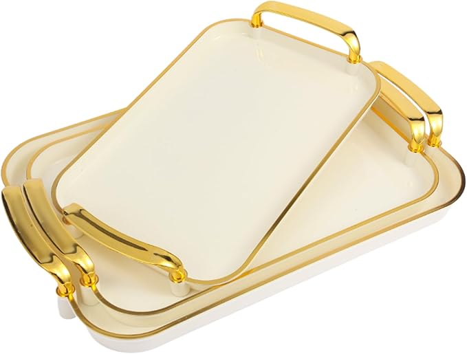 Serving Tray with Handles Set of 3 Rectangular Large Serving Platters 16.5/14.9/13.2 Inch White Plates for Dinner, Party, Entertaining, Cream Gold