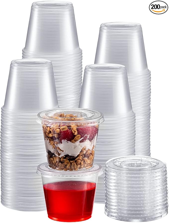 Portion Cups with Lids (5.5 Ounces, 200 Pack) | Disposable Plastic Cups for Meal Prep, Portion Control, Salad Dressing, & Medicine | Small Plastic Condiment Container