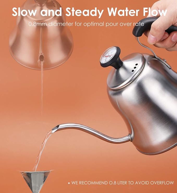 Tea Kettle with Thermometer for Stove Top Gooseneck Kettle, Pour Over Coffee Tea Pot, Goose Neck Tea Pot Stovetop, Hot Water Heater for Camping, Home & Kitchen, Stainless Steel - Small 28oz