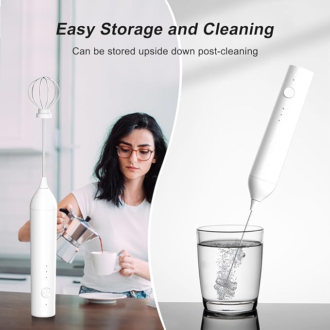 Rechargeable Milk Frother by ELMWAY, 3 Speed Electric Milk Frother Handled with Wand and Egg Whisk Attachments, for Coffee, Matcha and Protein Powder (White without Stand)