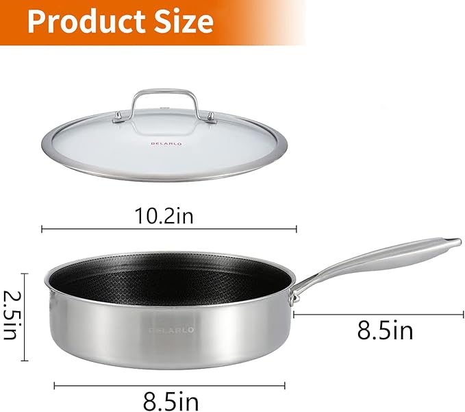 DELARLO Tri-Ply Hybrid Stainless Steel 10 Inch Saute Pan,3QT Chef Cooking Pan,Anti-Scratch,Compatible with All Cooktops,Oven Up to 660℉,Chicken Fryer,Dishwasher-Friendly（Detachable handle）