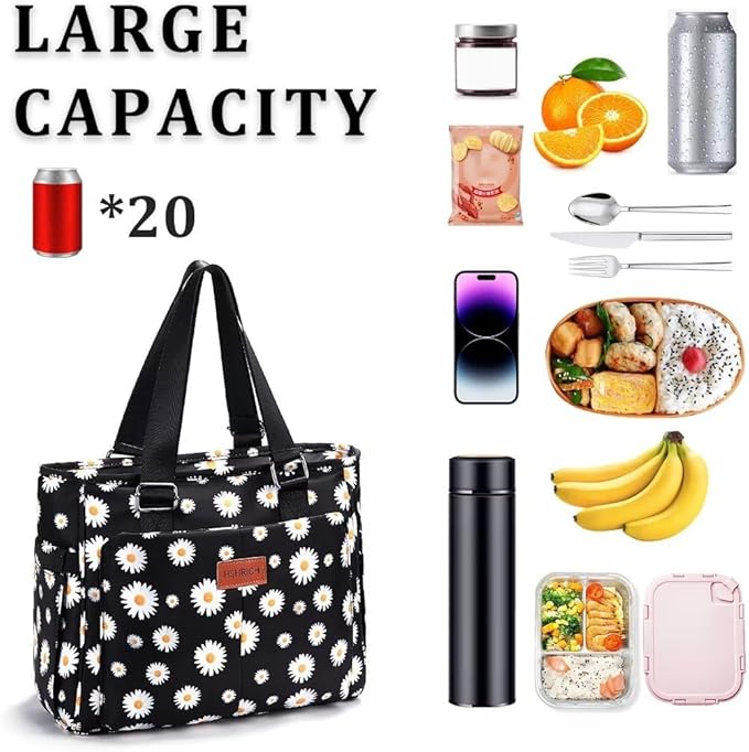 Large Women Lunch Bags for Work/Insulated Adult Lunch Box for Women/Leakproof Cooler Lunch Tote Bag with Storage Pocket. Reusable Lunch Cooler Purse for Work Picnic Hiking 14L, Floral