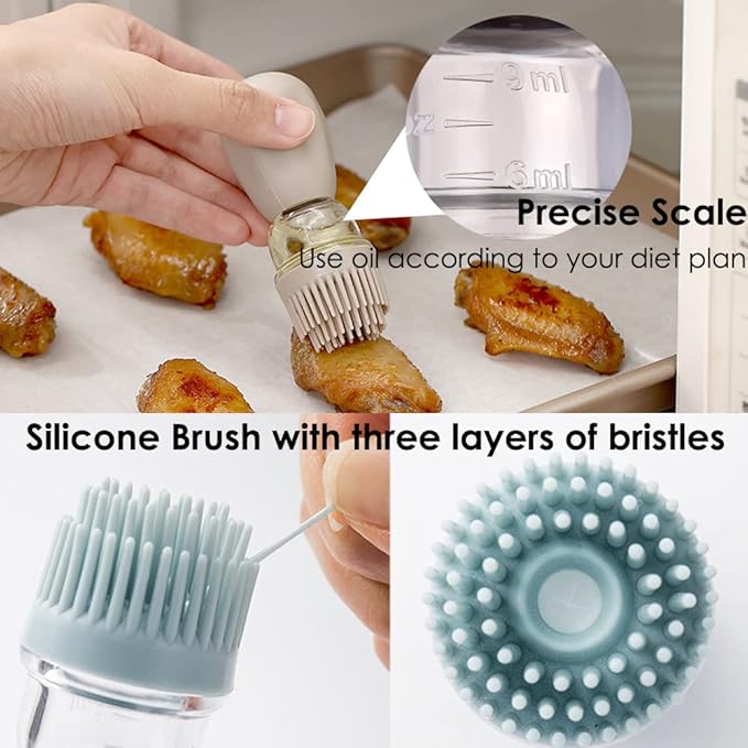 Oil Dispenser with Brush - 2 Pack Olive Oil Dispenser, 2 IN 1 Oil Dispensing Bottle with Basting Brush for Cooking Frying Baking Kitchen, T-OB21 Grey+Red