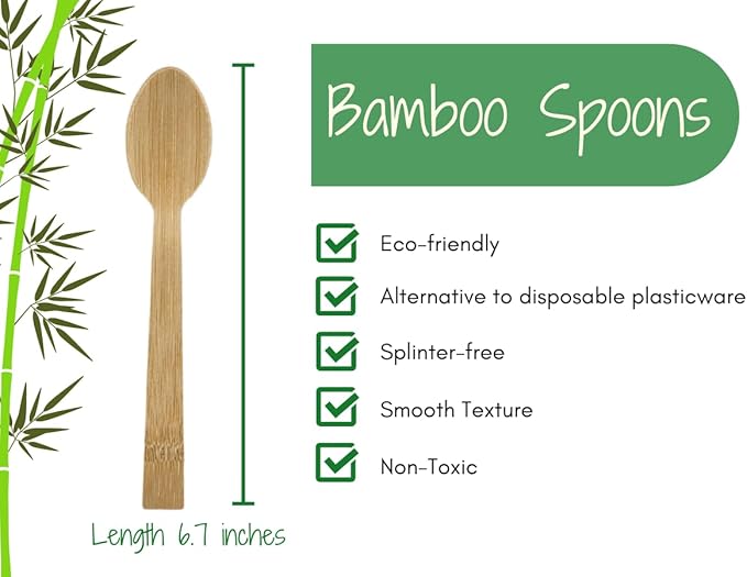 Bamboo Disposable & Compostable Spoons | Biodegradable | 6.7" Eco-Friendly Utensils | 100 Pack (Spoons)