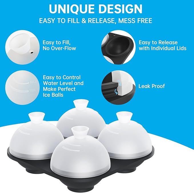 HONYAO Silicone Whiskey Ice Ball Mold - 2.4 Inch Large Ice Cube Trays Molds Silicone with Lids - Ice Sphere Maker for Cocktails, Bourbon, Rum - 2 x 4 Iceballs