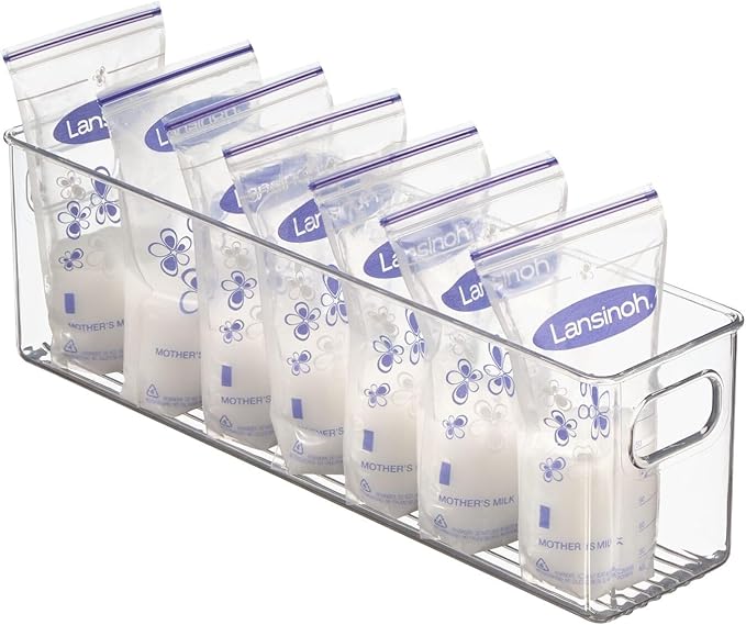 mDesign Plastic Long Stackable Storage Organizer Container, Organization Bin w/Handles for Kitchen, Pantry, Fridge, Freezer, Cabinet, Perfect to Hold Breast Milk - Ligne Collection - 2 Pack, Clear